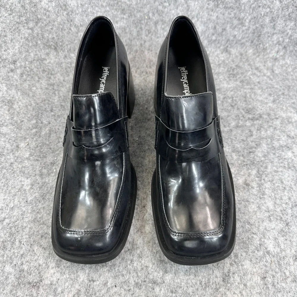 Jeffrey Campbell Ecole Loafers Womens 9 Black Patent Block Heel Penny Platform